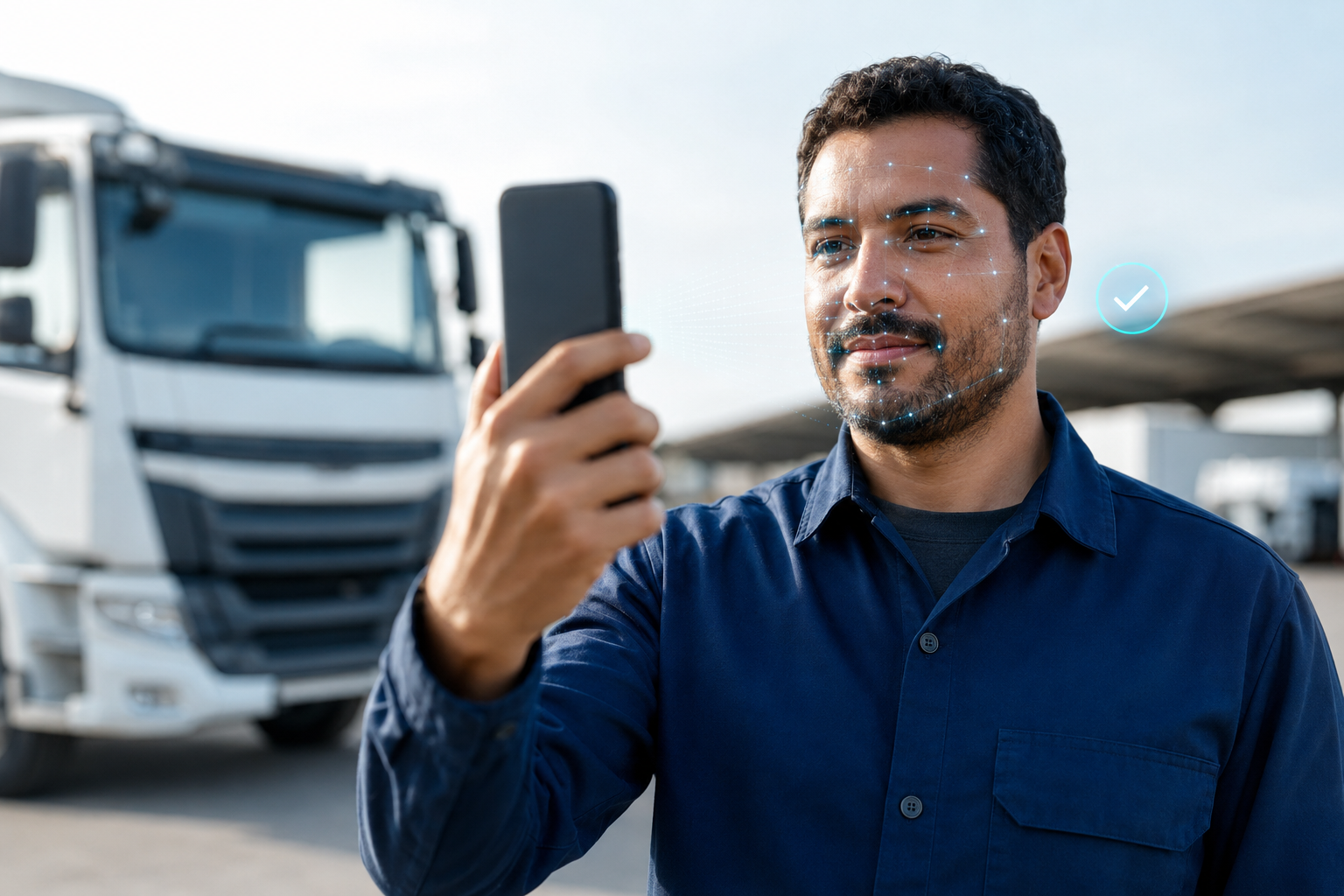 Motorista realizando validação biométrica pelo celular em ambiente logístico